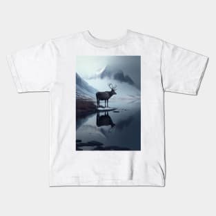 Nordic Winter Reflection Reindeer in a Mountain Valley Art Print Kids T-Shirt